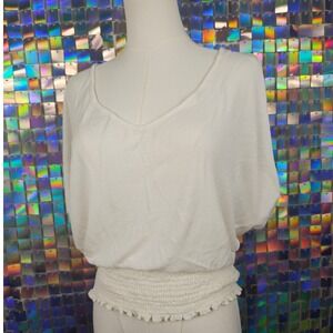 Poetry Cream Dolman Sleeve Smocked Waist Strappy Back Top Women's White Blouse